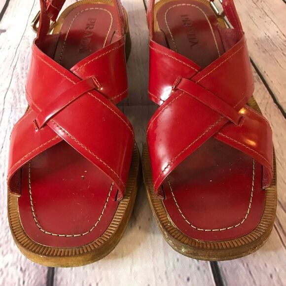 Prada Classic Red Patent Slingback Buckle Sandals Made in Italy Size (39.5) 9.5 - Picture 13 of 16